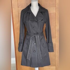 MACKAGE Black Cotton Twill with Leather Trim Belted Trench Coat, Large